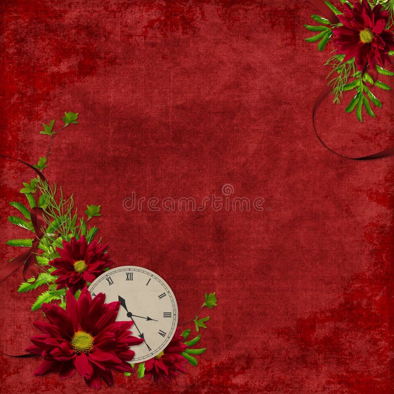 Card for the holiday with flowers and clock