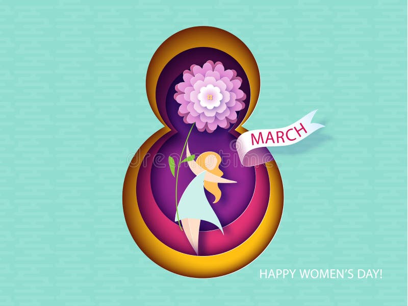 Card for 8 March womens day. Woman with flower