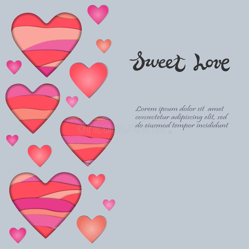 Card with Paper Cut Hearts and Sweet Love hand drawn lettering on blue background. royalty free illustration Card with Paper Cut Hearts and Sweet Love hand drawn lettering on blue background. royalty free illustration