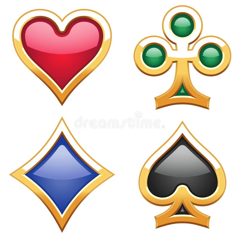 Golden card suits with gems (Vector). Golden poker vectors