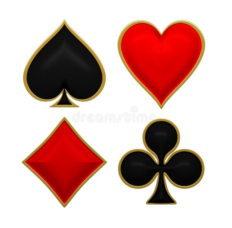 Card suits with golden framing. Isolated on white. Golden poker illustrations