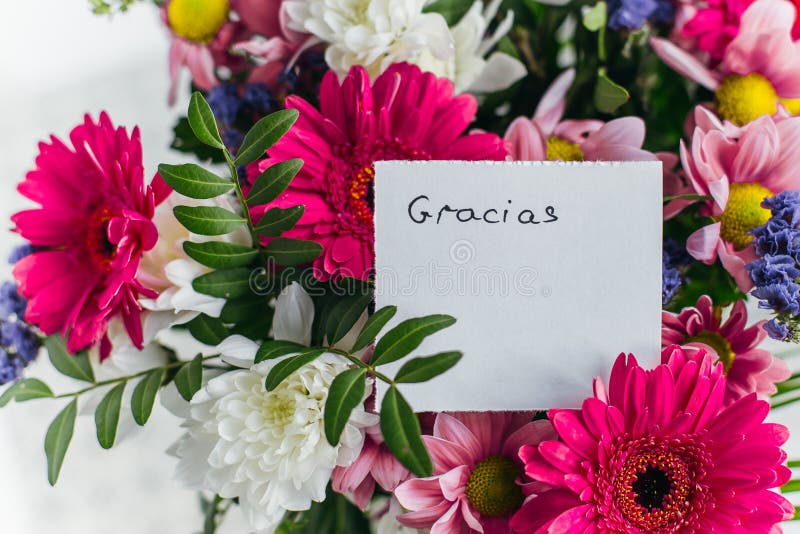 Card thank you in spanish in a bright beautiful bouquet. Of flowers stock images