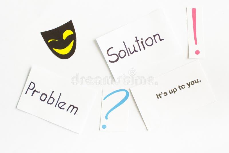 Card with words  problem ,  solution , question mark, exclamation point