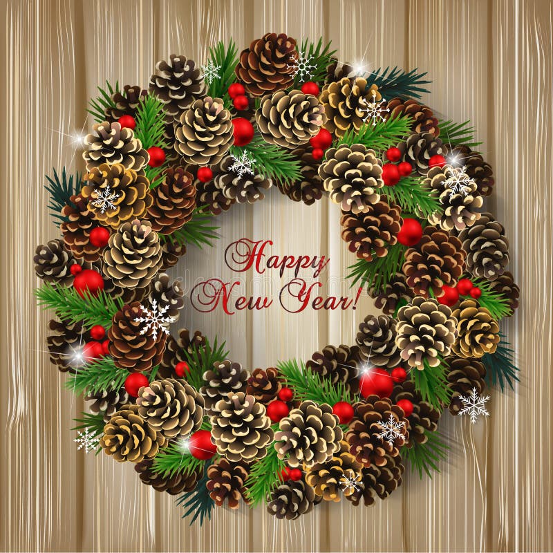 Card with wreath of fir cones, branches and red beads