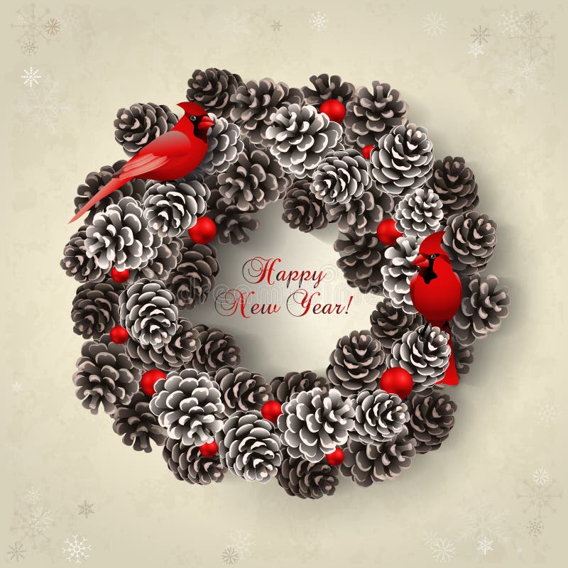 Card with wreath of fir cones and redbirds