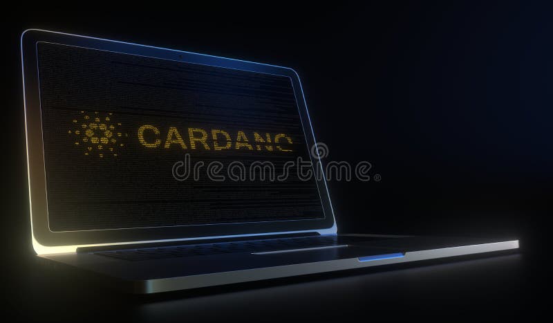 Cardano-Text mit Computercode auf dem Laptop-Bildschirm. Kryptowährungs-Mining oder Kryptotransaktionen im Zusammenhang mit 3d vektor abbildung