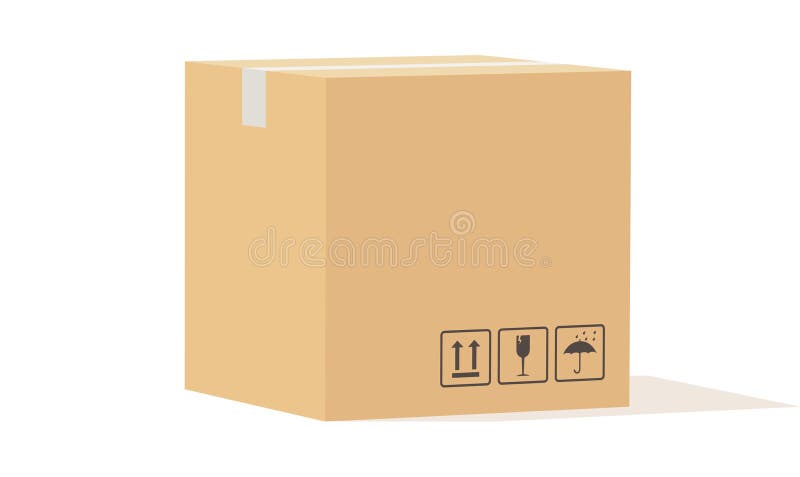Cardboard box. Closed carton packaging cargo storage, beige square delivery parcel with sign angle view, industry stock illustration