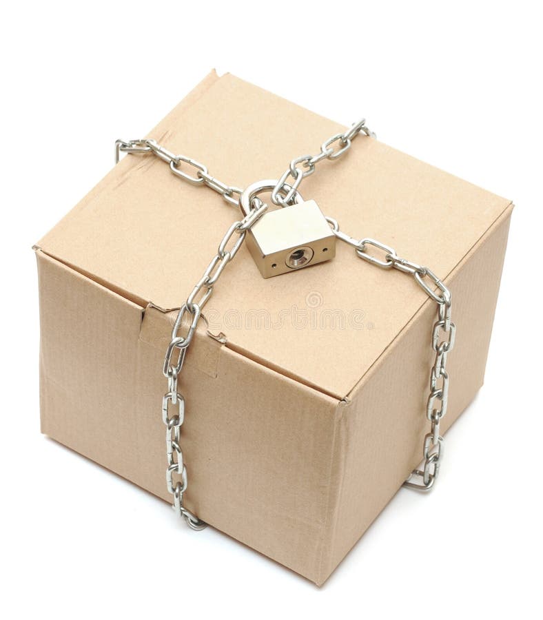 Cardboard box closed with a chain and a lock