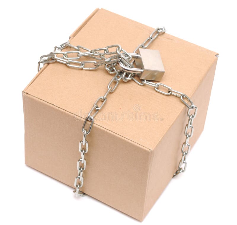 Cardboard box closed with a chain and a lock