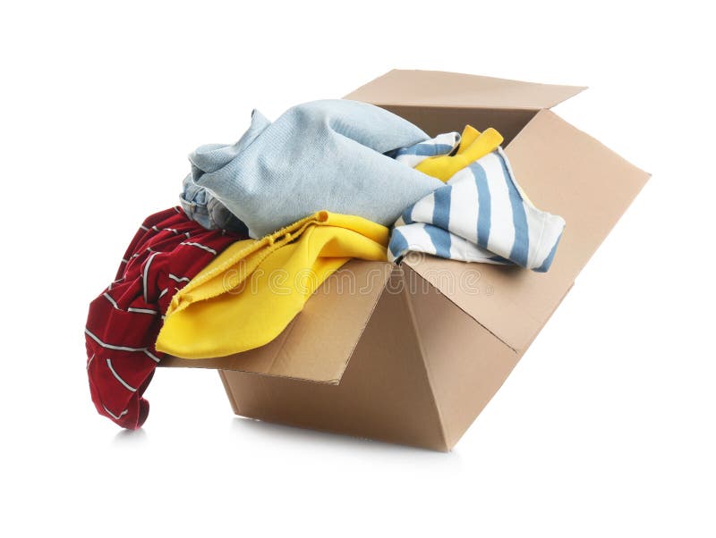 Cardboard Box with Clothes Isolated Stock Image Image of rumpled