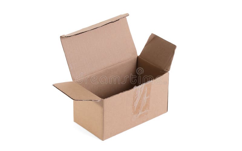 Cardboard Box with Flip Open Lid, Lid Open, Isolated on White. Stock