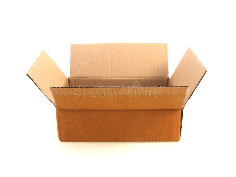 Cardboard Box With Flip Open Lid, Lid Open, Isolated On White Stock