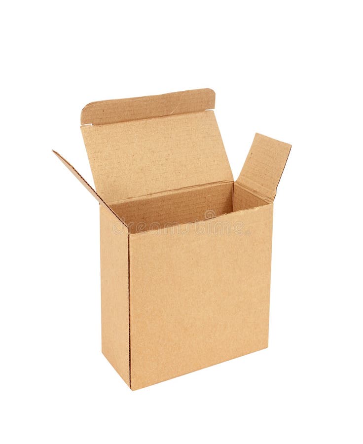 Cardboard Box with Flip Open Lid, Lid Open, Isolated on White. Stock