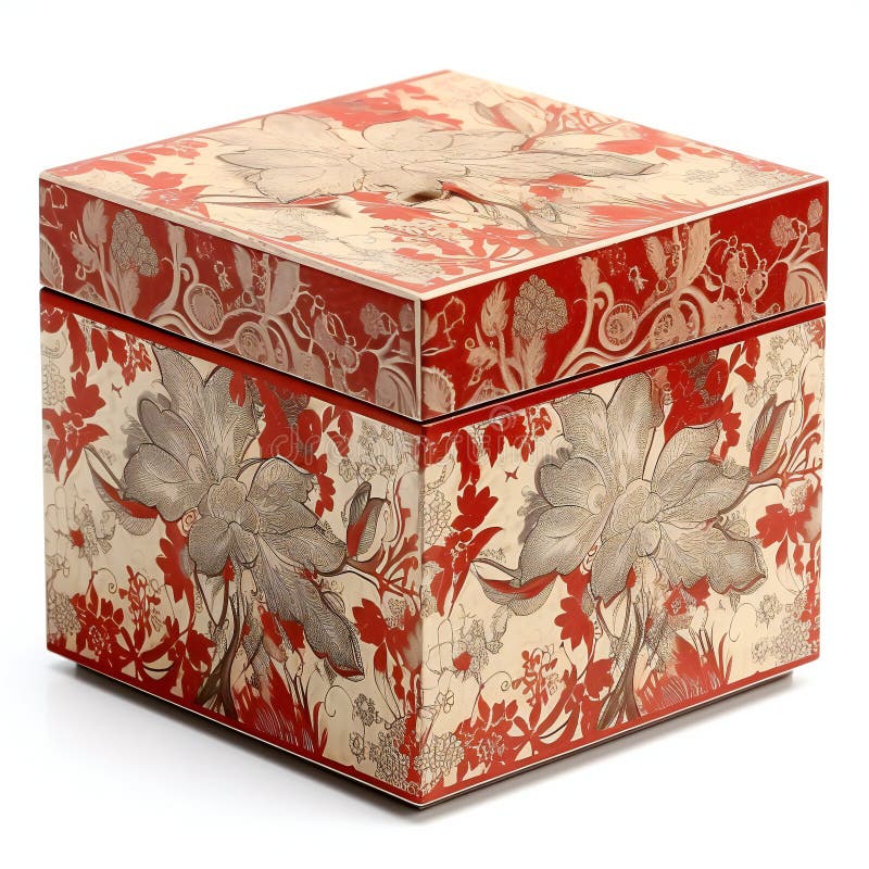 Cardboard Box with Floral Pattern on White Background Stock
