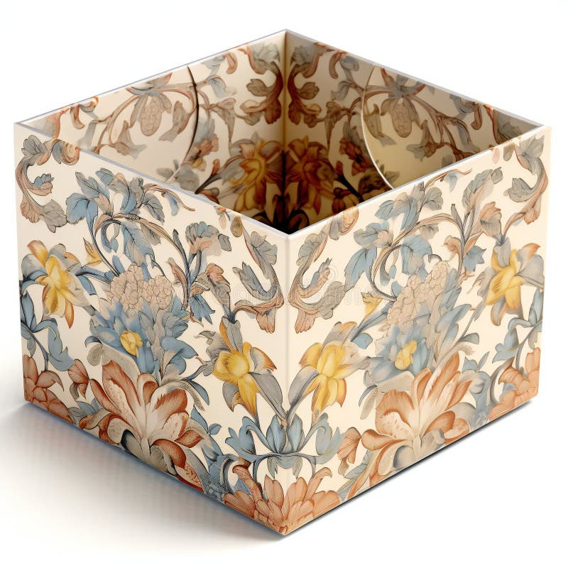 Cardboard Box with Floral Pattern on White Background Stock