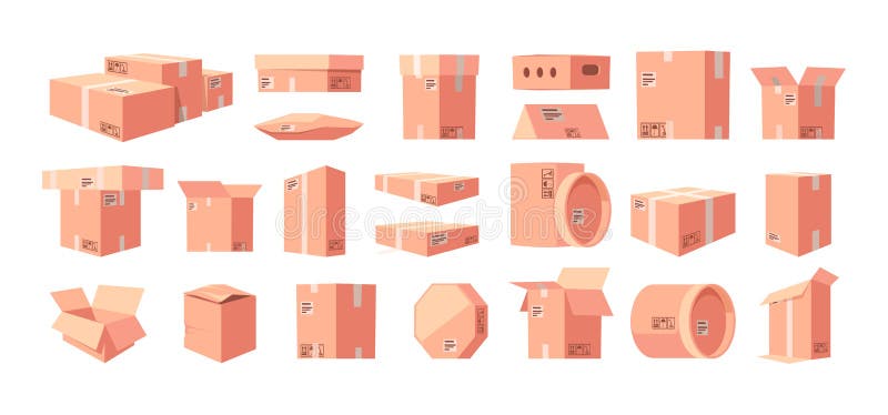 Cardboard box mockup. Open closed carton packaging templates, paper cargo shipping parcel elements flat style delivery royalty free illustration