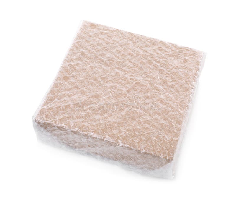 Cardboard Box Packed in Bubble Wrap Isolated on White Stock Photo