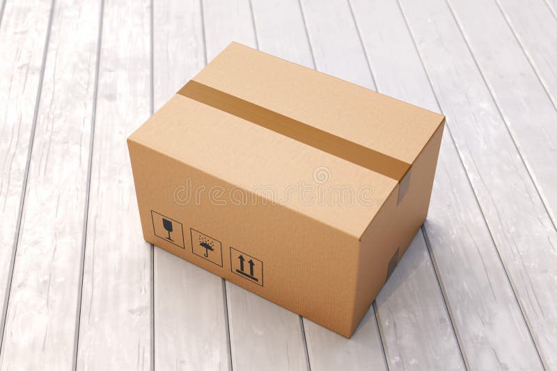 Cardboard box on porch floor in front of entrance door. Doorstep parcel delivery, free shipping, and online shopping concept. 3D illustration