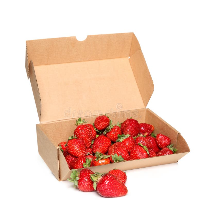 Cardboard Box with Strawberries on White Stock Image Image of