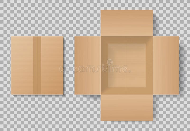 Cardboard box top view for delivery. Open and closed carton package mockup for gift. Empty realistic brown container with inside royalty free illustration