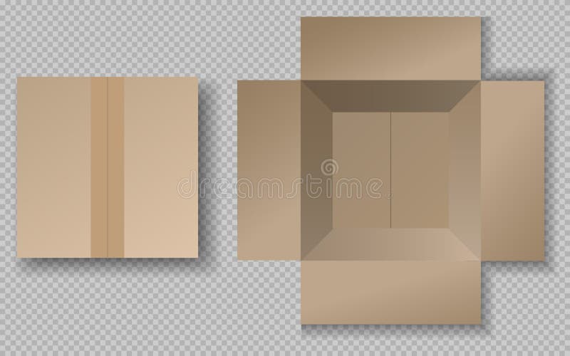 Cardboard box top view. Open closed boxes inside and top, brown pack mockup, delivery service realistic empty carton vector illustration Cardboard box top view. Open closed boxes inside and top, brown pack mockup, delivery service realistic empty carton vector illustration