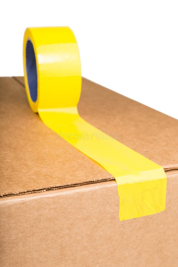 Cardboard Box with Yellow Adhesive Tape Stock Image Image of delivery
