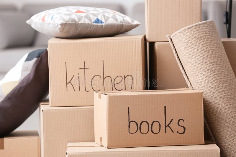 Cardboard boxes and household stuff, closeup