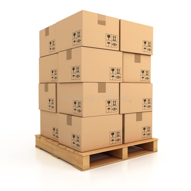 Cardboard boxes on wooden palette 3d illustration. Pile boxes illustrations