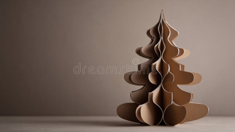 A cardboard Christmas tree stands on a table in a studio. The tree has layered shapes and a simple design. The background is plain and neutral. Cardboard color shapes stock images, royalty-free photos and pictures