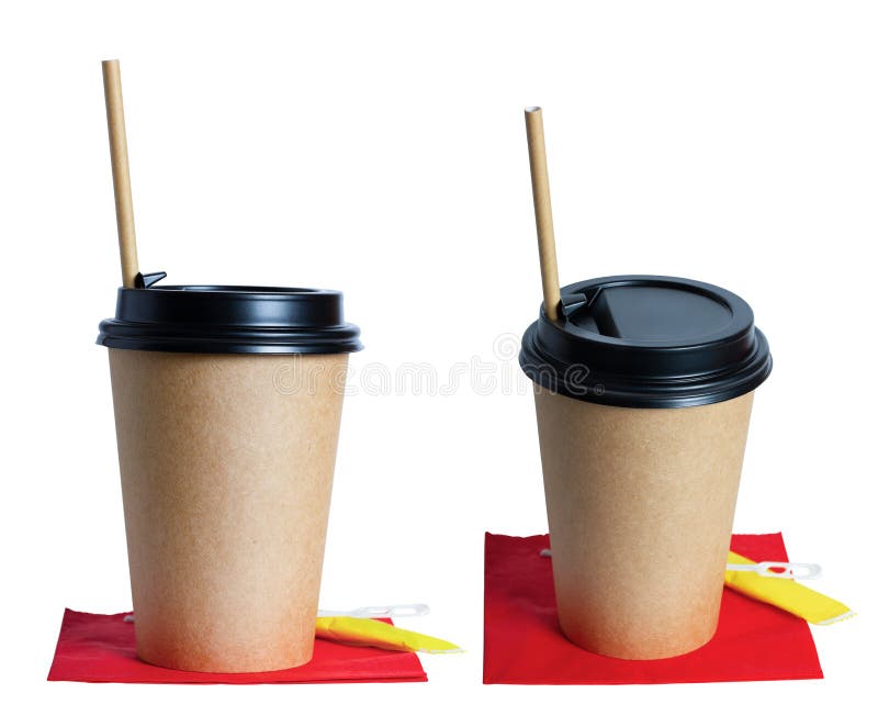 Cardboard coffee cup Kraft, on a red napkin. A bag of sugar, a tube of cardboard. Isolated object on white background. royalty free stock images