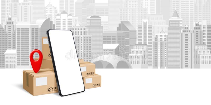 Cardboard Delivery Boxes Stack And Smartphone Banner Template royalty free illustration