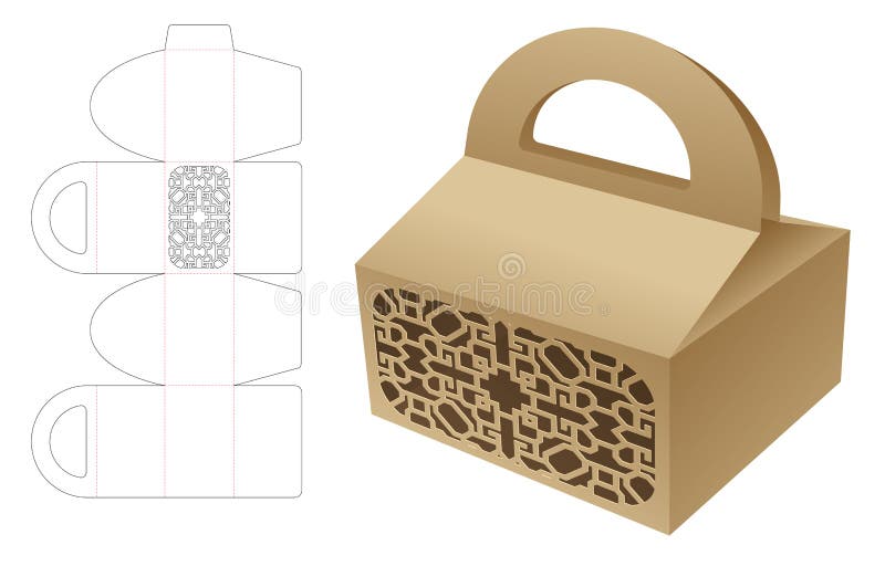 Cardboard handle carton with stenciled pattern die cut template and 3D mockup royalty free illustration