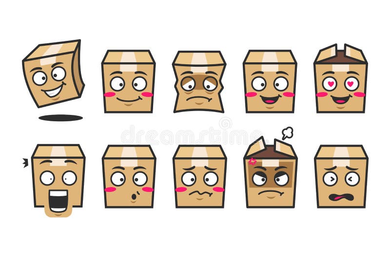 Cardboard Package Box Emoji Character Mascot Kit in Cute Style Stock