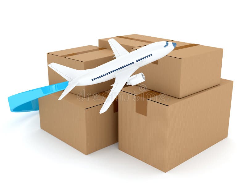 Cardboard packages with airplane over white