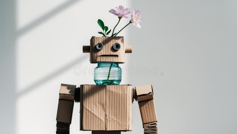 Cardboard Robot with Flowers. A whimsical combination of nature and technology. royalty free stock photo