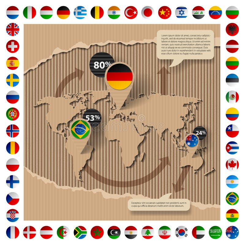 Cardboard template with world map and flags vector illustration