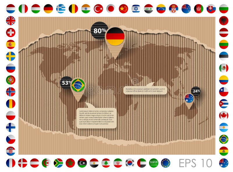 Cardboard template with world map and flags vector illustration