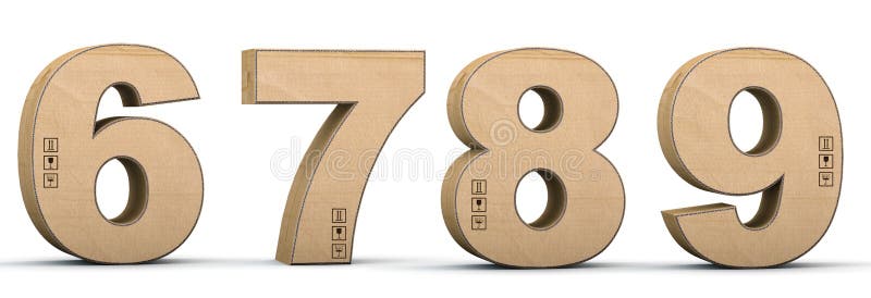 Cardboard texture numbers 6, 7, 8, 9. 3D render. Paperboard alphabet. Font box.