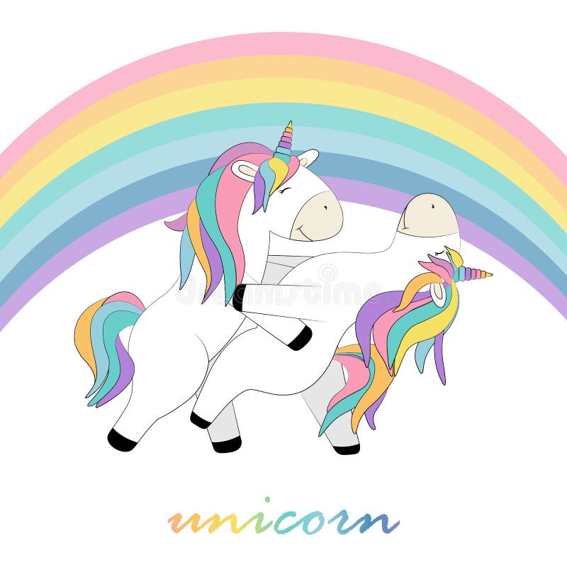 Carde os unicórnios do whith dois que dançam sob os desenhos animados do arco-íris ilustração stock Carde os unicórnios do whith dois que dançam sob os desenhos animados do arco-íris ilustração stock