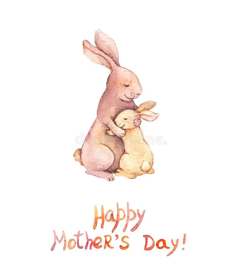 Carde para el día de madres - mime al conejo abrazan a su niño adorable Arte de la acuarela
