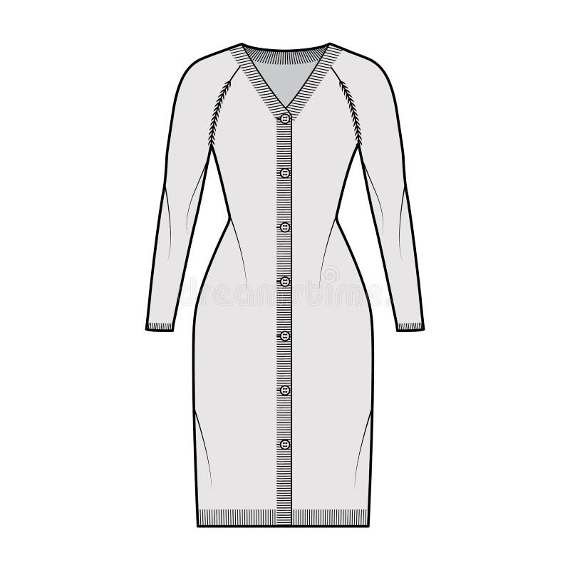 Cardigan Dress Sweater Technical Fashion Illustration with V- Neck ...
