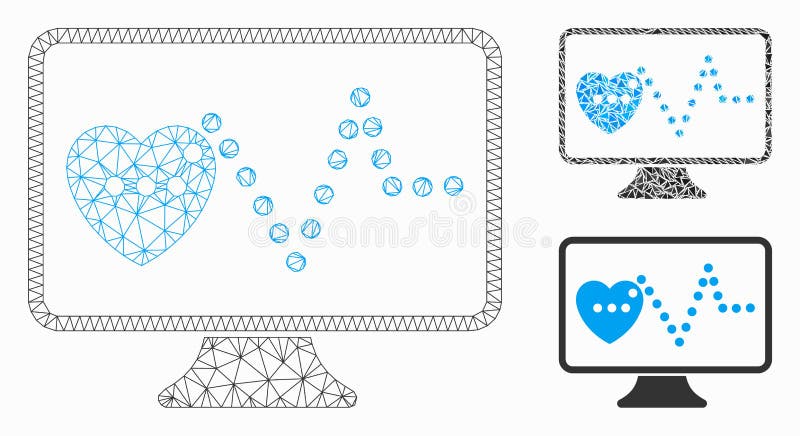 Cardio Monitoring Vector Mesh Carcass Model und Dreieck Mosaik Icon. Mesh-Kardio-Überwachungsmodell mit Dreieck-Mosaikbild Polygonnetz von Drahtkadavern zur Kardionüberwachung Vektor-Mosaik aus Dreieckelementen in variabler Größe und Farbtöne