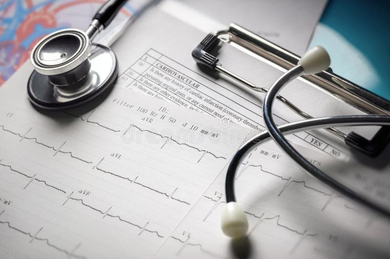 Cardiogram pulse trace and stethoscope medical exam data royalty free stock image