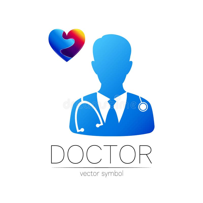 Cardiolog și logotip de vector cardiac în albastru violet. siluetă medic. sigla pentru spitalul clinic royalty free illustration