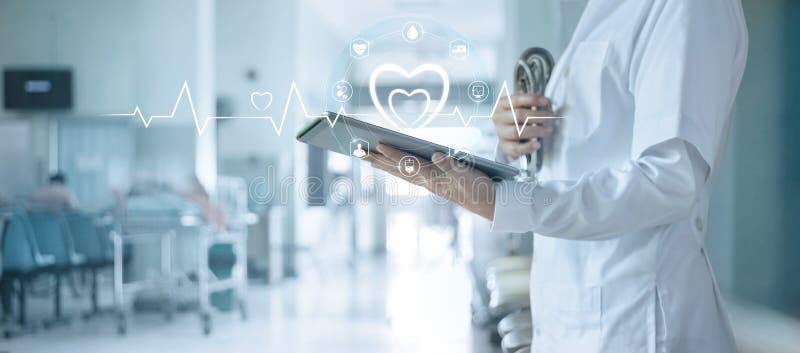 Cardiologist doctor with stethoscope anazing patient data on tablet with icon network connection on modern virtual screen networking interface, healthcare, medical technology and patient concept. Futuristic virtual screen interface technology stock images, royalty-free photos and pictures