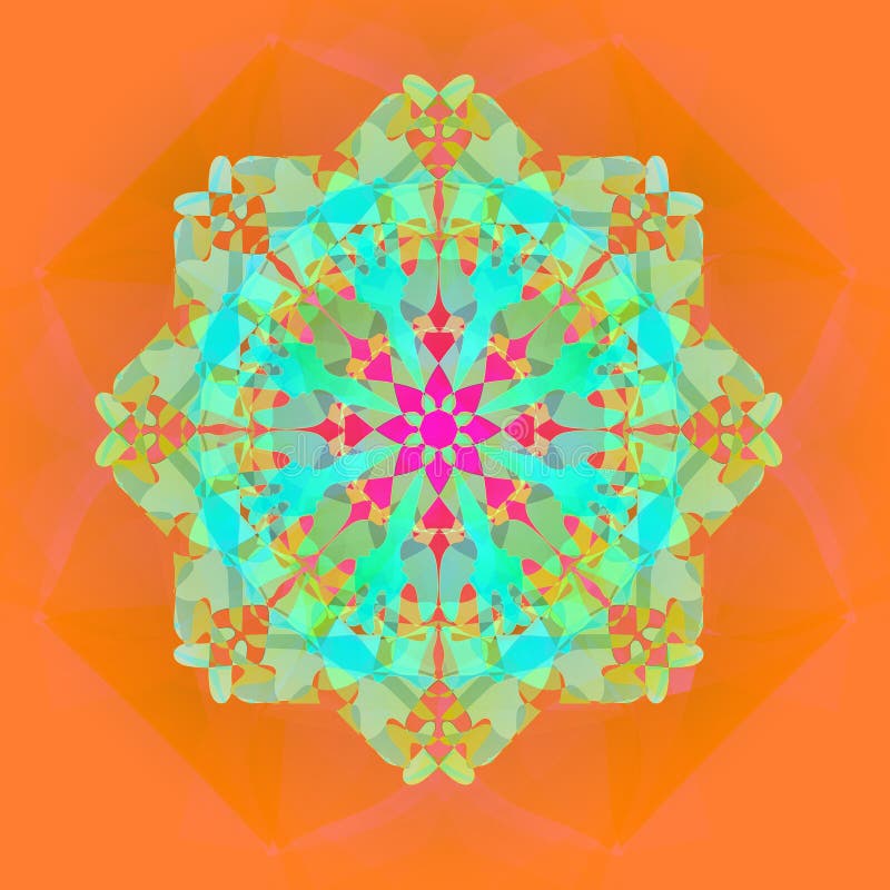 LACE MANDALA. PLAIN ORANGE BACKGROUND. TURQUOISE IMAGE, CENTRAL FUCHSIA FLOWER vector illustration