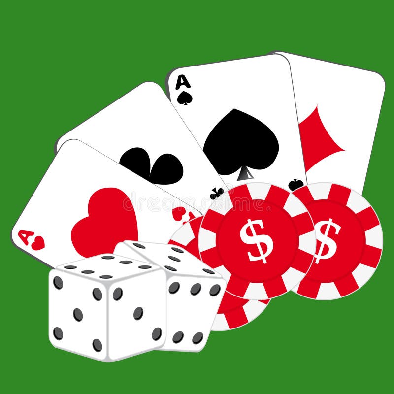 Cards, chips and dice on green background royalty free illustration