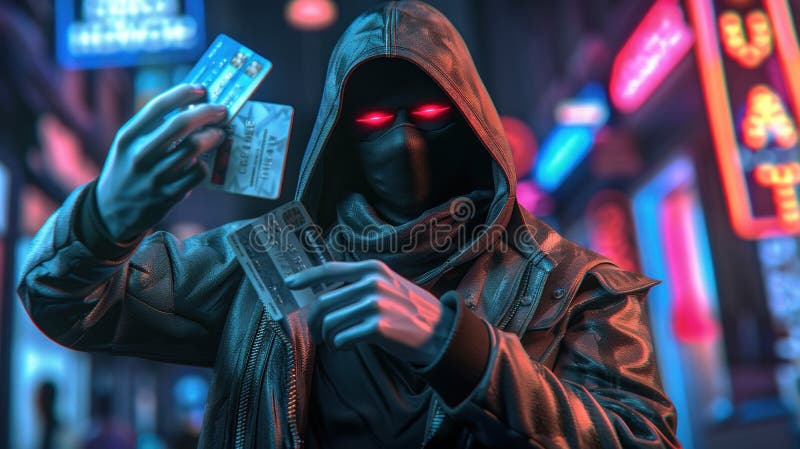 Carduri de credit pentru hackeri cu glugă în Neon Cityscape. Criminal Highttech vector illustration