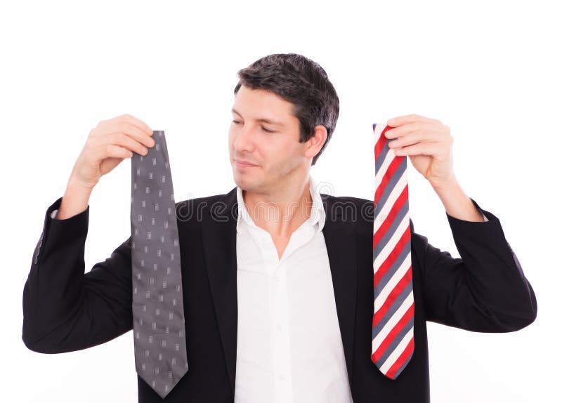 Career starting man decide choosing cravat for application. Career starting man decide choosing cravat for application