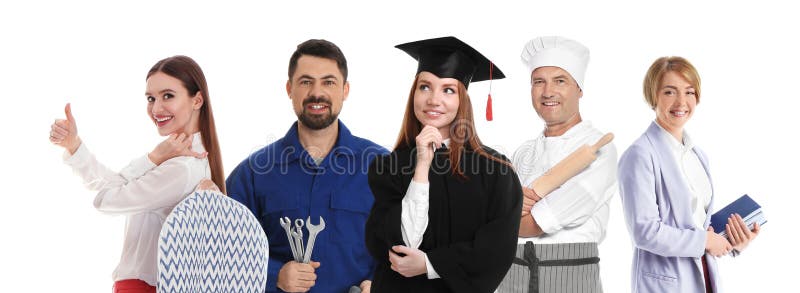 Career choice. People of different professions on background, banner design stock photo Career choice. People of different professions on background, banner design stock photo